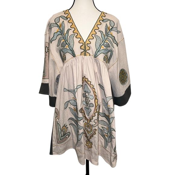 Veveret Flowy Boho Embroidered Mini Dress Boxy Oversized Khaki Green Size S - Picture 4 of 15
